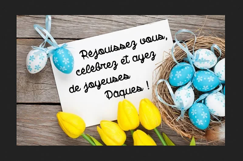 Image avec des tulipes jaunes et des oeufs de Pâques avec un message de voeux
