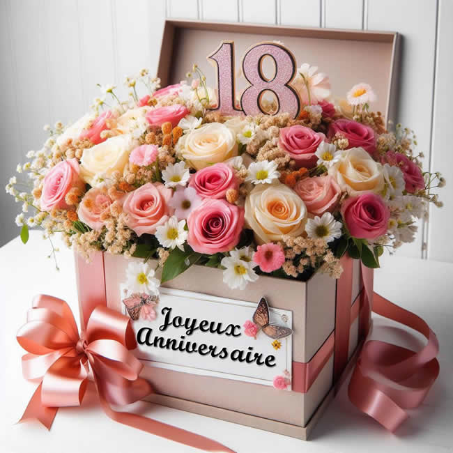 Boîte avec bouquet de roses pour les voeux d’anniversaire 18 ans à offrir à une fille