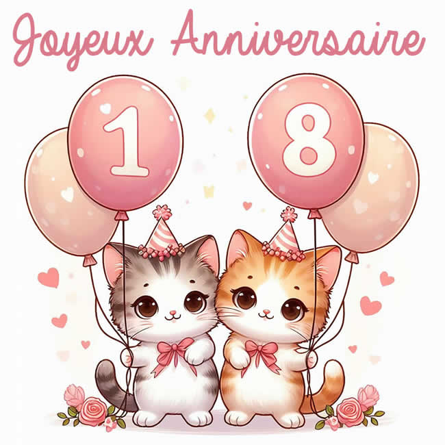 Image avec Deux chatons avec des ballons pour les vœux de 18e anniversaire