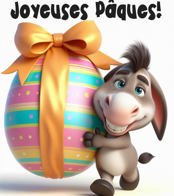 Image joyeuse et humoristique d'un âne doux qui donne un œuf de Pâques