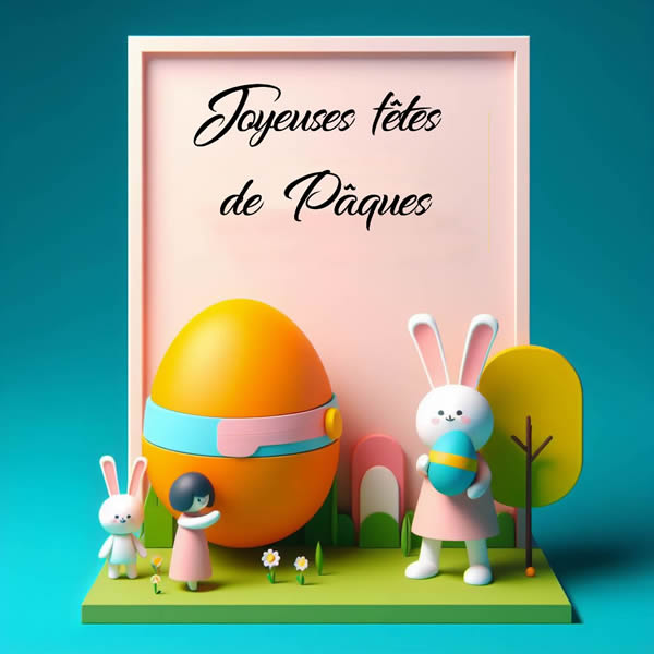 Image de Pâques joyeuse et colorée avec des lapins et des œufs de Pâques avec des vœux 