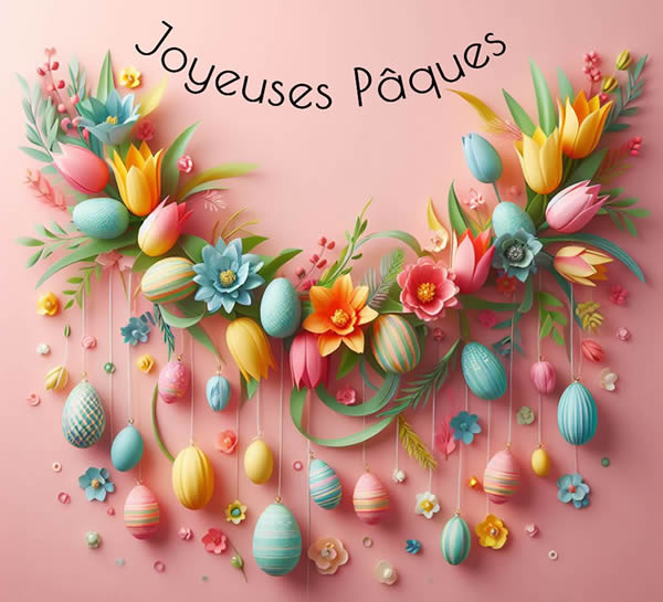 Couronne d'oeufs de Pâques et de tulipes, belle image pour vos vœux de Pâques spéciaux et élégants