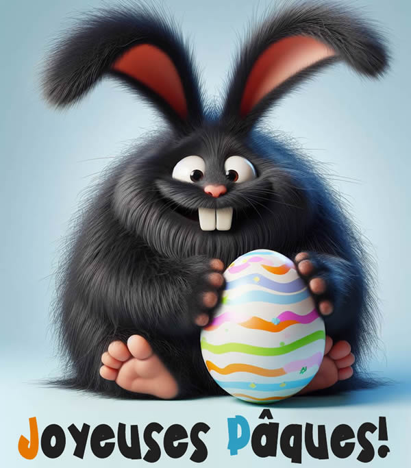 Image joyeuse et humoristique d'un mignon lapin noir avec de grandes dents avec un œuf de Pâques