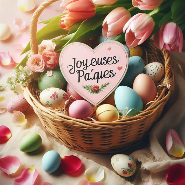 belle image classique de Pâques, panier avec œufs décorés