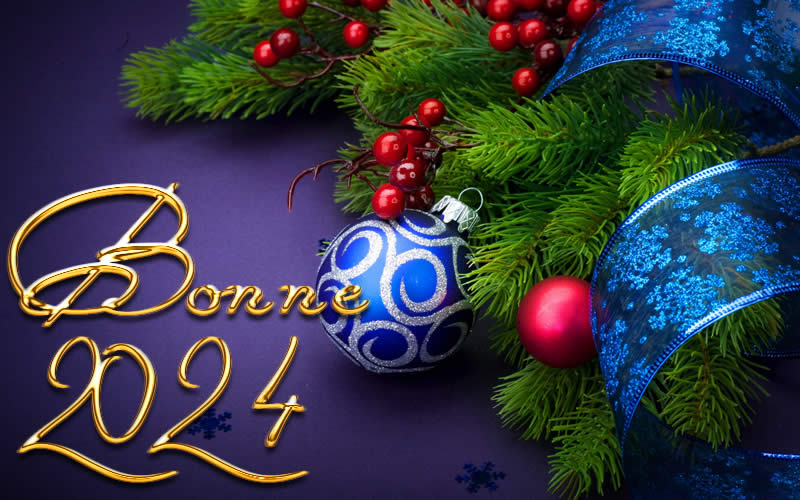 Image élégante avec une carte de voeux avec un sapin de Noël décoré et un message Bonne 2025 avec écriture dorée