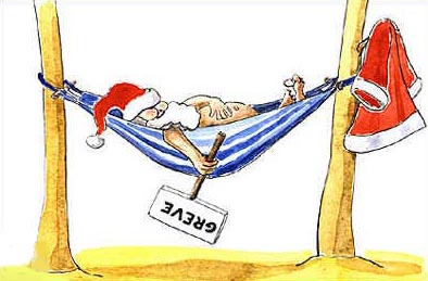 bande dessinée avec le père Noël dans un hamac et signe disant grève