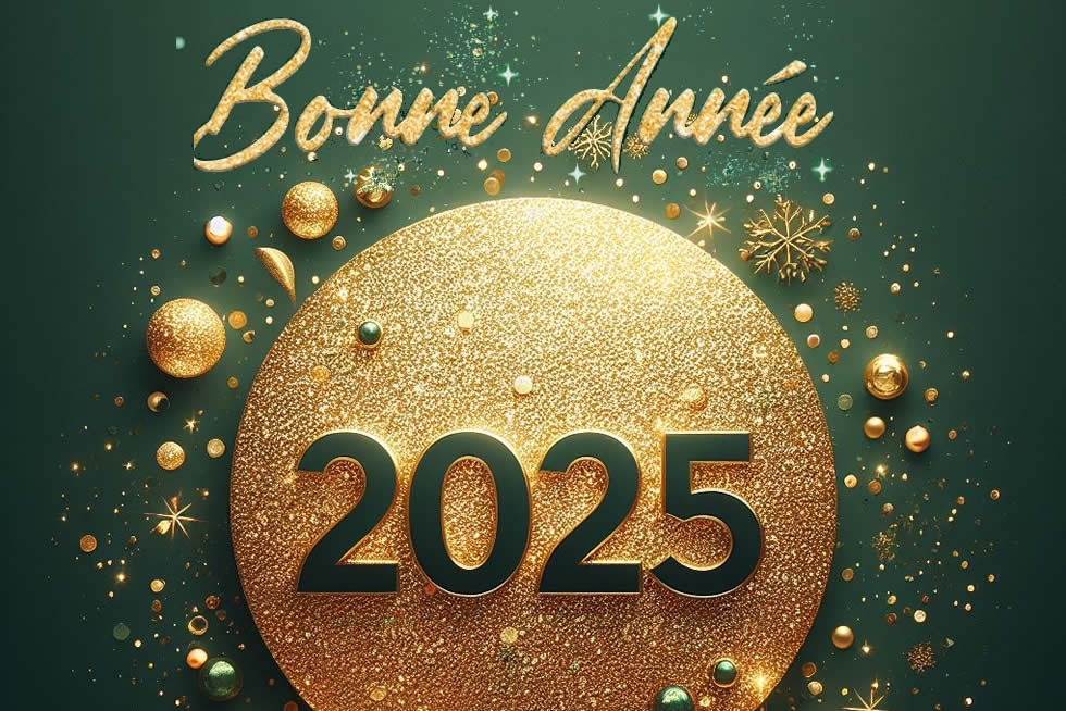 Image élégante Happy 2025 avec des paillettes d'or étincelantes