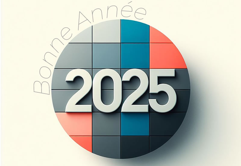 Image avec grand 2025 en gris avec des cadres colorés