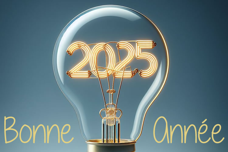 Image avec une ampoule avec le filament avec l’idée écrite et le fil du courant avec 2025.