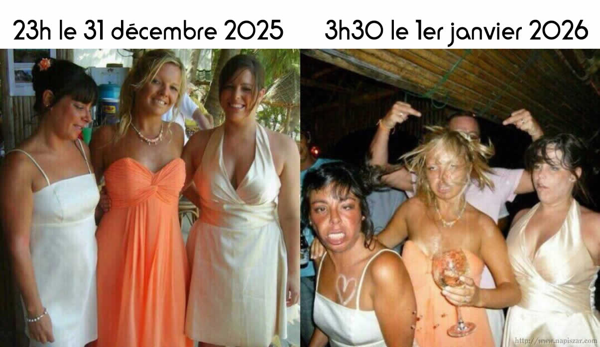 Photo drôle la différence avant et après la fête du nouvel an. L'élégance d'abord, le choc après !