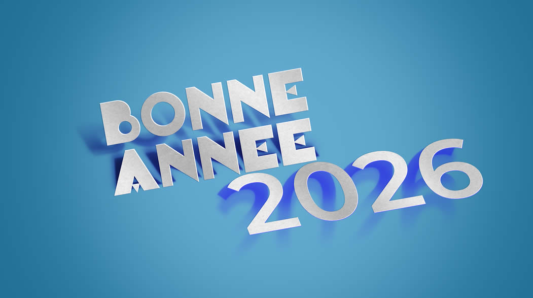 Fond d'écran Bonne Année 2026 en 3D avec texte métallique incliné sur fond bleu