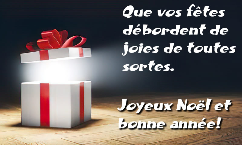 carte de voeux avec l'image d'un paquet cadeau qui s'ouvre avec beaucoup de lumière et un message de joyeuses fêtes