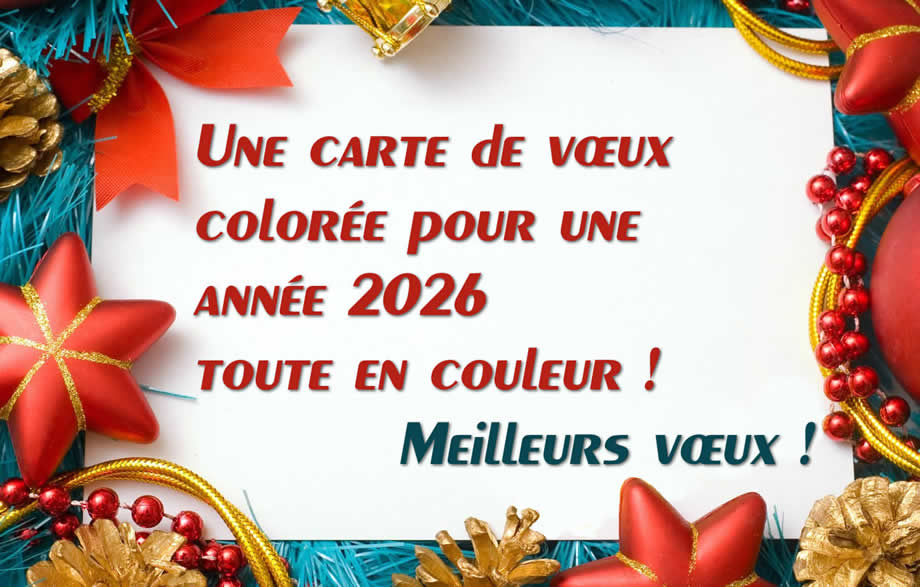 Image de carte de voeux joyeuse et colorée avec des étoiles rouges, des pommes de pin dorées et des fils décoratifs bleus avec message de voeux joyeux Noël et joyeux 2027