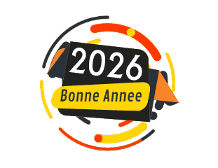 gif animé avec des cercles colorés qui tournent avec du texte bonne année 2026