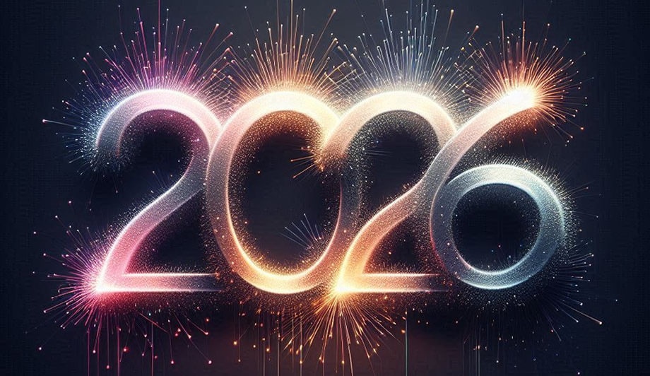 Image avec texte 2026 composé de feux d'artifice colorés