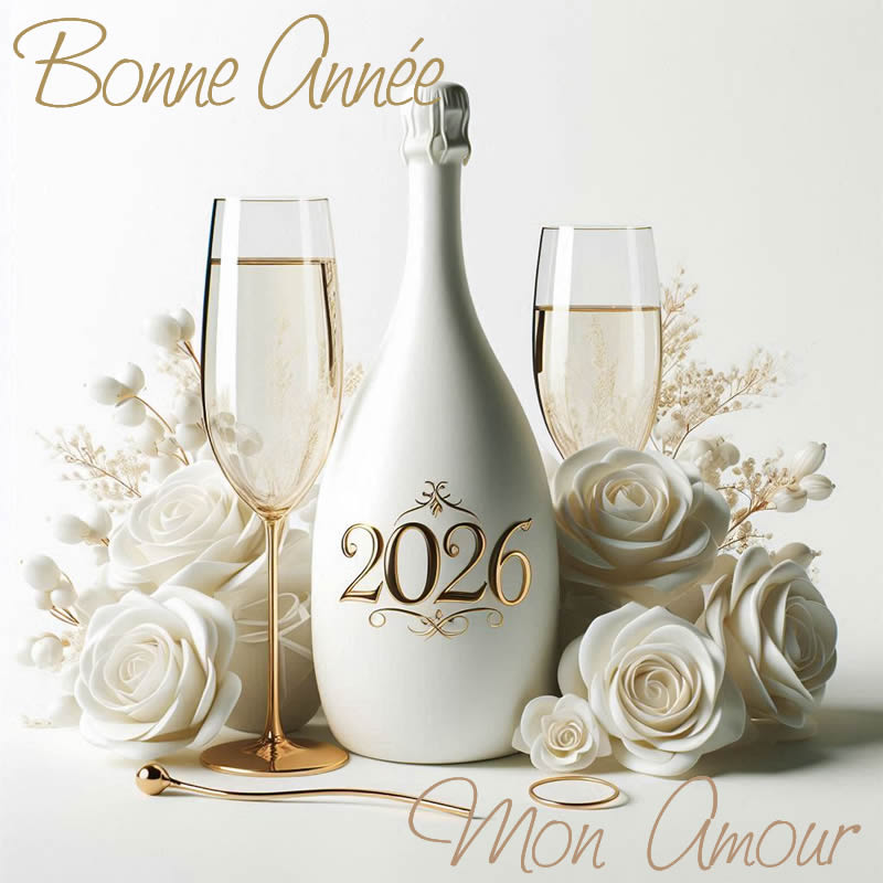 Bouquet de roses blanches, une bouteille avec écrit 2026, également blanche, et deux verres de vin mousseux dans une ambiance romantique