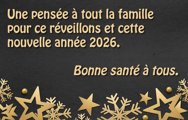  image, sur fond noir et étoiles dorées avec texte Une pensée à tout la famille pour ce réveillons et cette nouvelle année 2026. Bonne santé à tous.