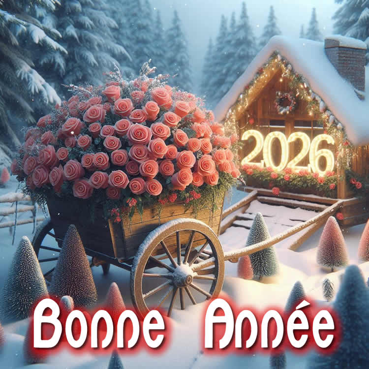 chariot plein de roses dans un champ enneigé