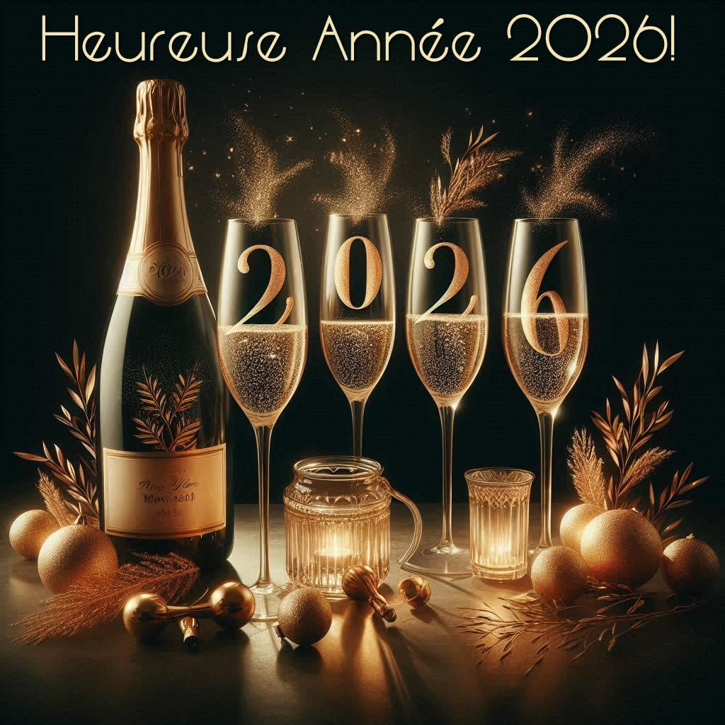 belle photo avec une bouteille de vin mousseux et 4 verres avec les chiffres qui composent la nouvelle année 2026