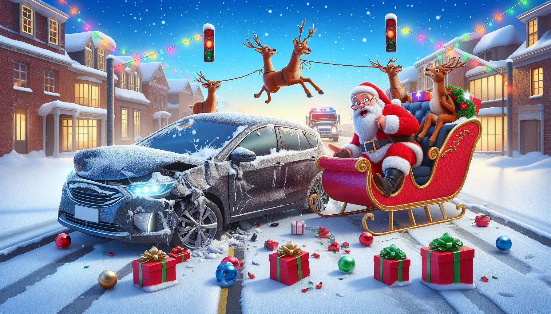 Image humoristique d'une voiture percutant le traîneau du Père Noël