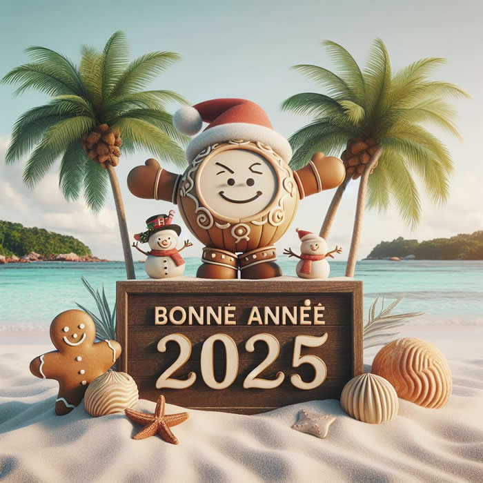 Image de bonne année 2025 en style dessin animé avec des biscuits en pain d'épice sur une plage tropicale