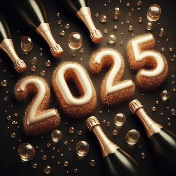 Image générée par l'IA de Happy 2025 avec des bouteilles de champagne, des bulles et un gros texte 2025