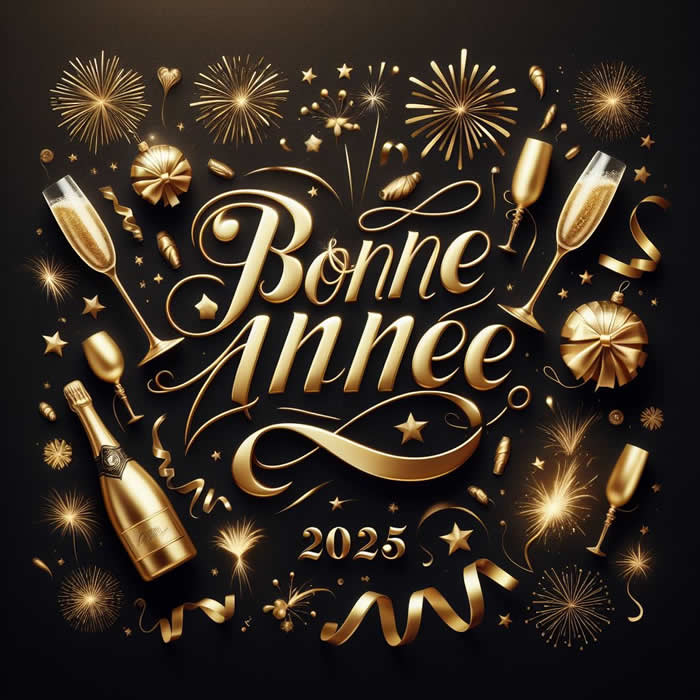 image  avec des feux d'artifice, des ballons dorés et argentés et le texte scintillant Bonne année 2025