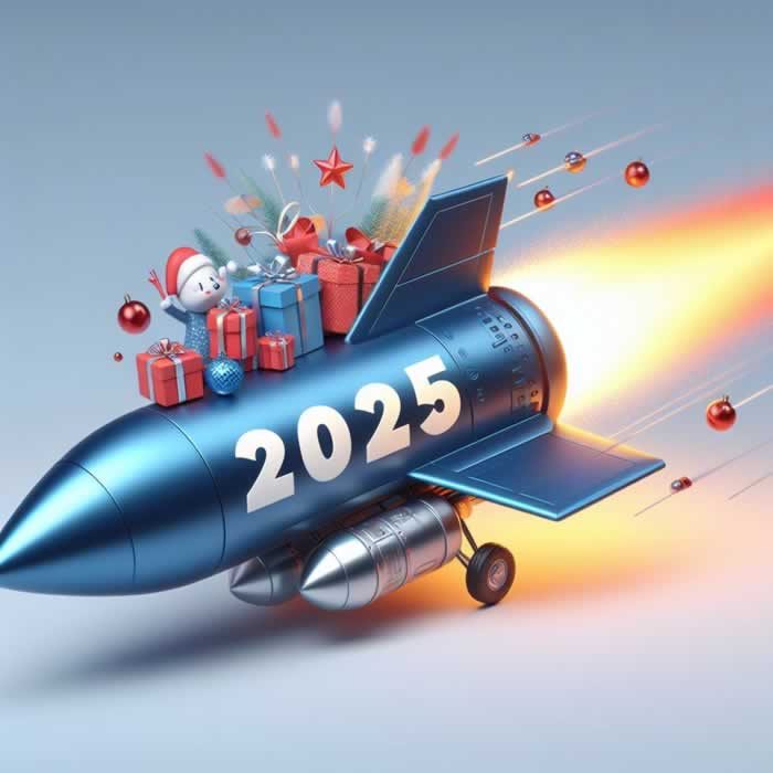 Image de fusée 2025 avec cadeaux et décorations