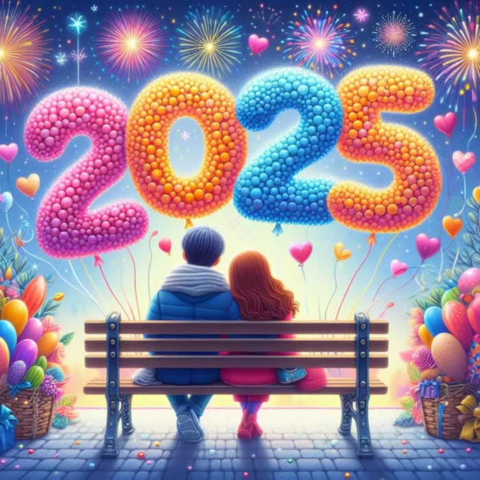 Image colorée du Nouvel An 2025 avec un couple aimant