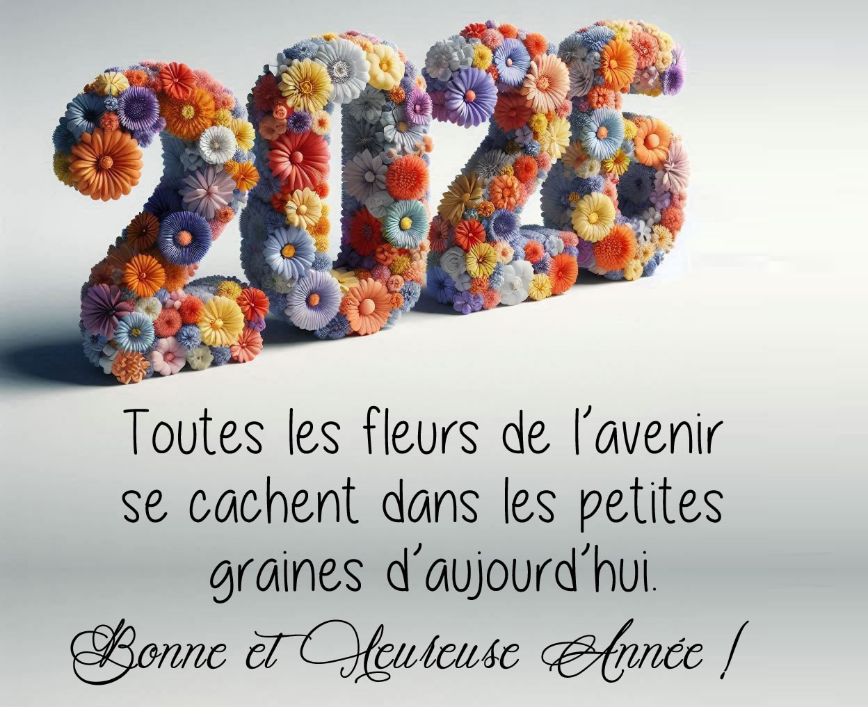 image joyeuse et colorée avec 2027 faite avec des nombres faits avec des fleurs et une phrase de bonne année