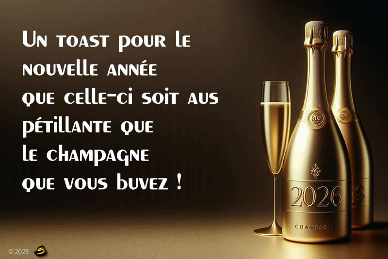 image avec bouteille de champagne et verres toast à minuit le 31 décembre pour le nouvel an avec message de voeux