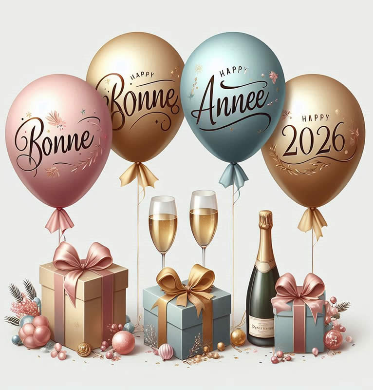 image avec des verres et du vin mousseux pour porter un toast à minuit du nouvel an avec des ballons colorés avec 2026