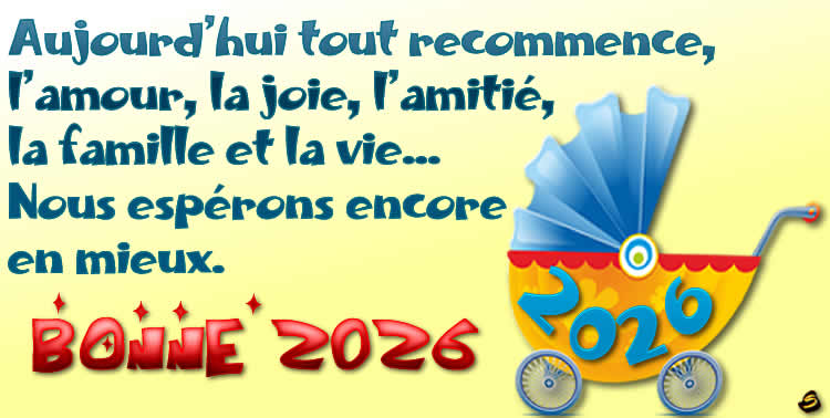 Image avec le nouveau-né 2026 dans le buggy et texte de bonne annee 2026