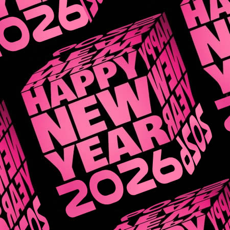 Image d'un cube formé de mots Happy New year 2026