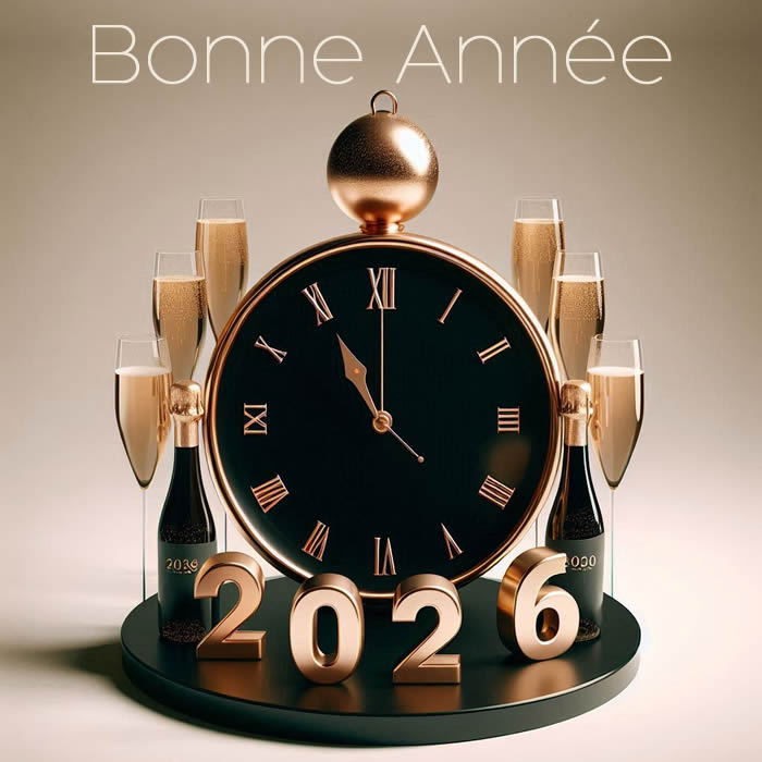 image élégante avec une horloge qui marque minuit et des bouteilles de vin mousseux prêtes à porter un toast à la nouvelle année
