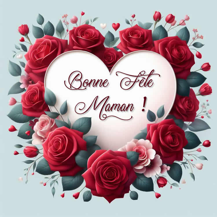 Image avec cœur avec un cadre de roses et texte au centre : Bonne fête maman ! 