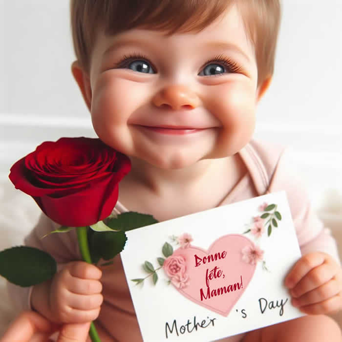 Image tendre avec un enfant avec un doux sourire tenant une rose et une carte de voeux pour sa mère
